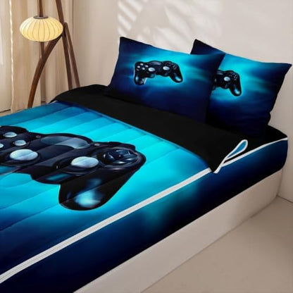 Feelyou Kids Game Comforter Set Zipper Bedding Queen for Boys, Blue All-in-one Zipper Bedding, Easy to Make, Washable, Soft Fabric, Comforter with Fitted Sheet, 2pcs Pillowcases
