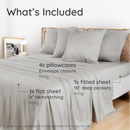 Bambaw King Sheet Set 6pcs – 100% Viscose Derived from Bamboo Sheets King Size Deep Pocket, Fits Up to 16'' with Elastic Corner Straps, Soft Cooling Sheets for Hot Sleepers (Moonlight Gray)
