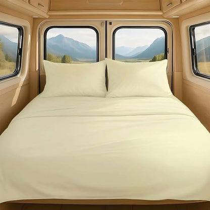NON Sticky cotton RV Short Queen 4 Piece Sheet Set, 100% Long Staple Cotton, Soft Cooling Hotel Luxury Bedding Sheets, Deep Pocket Fits 15" Mattress, 60" x 75", Ivory Solid