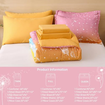 Dinjoy Girls Comforter Set 7 Pieces, King Size Colorful Ombre Rainbow Bedding Set, Bed in A Bag for Kid Teen Girls(1 Comforter, 1 Flat Sheet, 1 Fitted Sheet, 2 Pillow Shams, 2 Pillowcases)