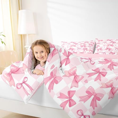 jejeloiu Watercolor Bow Kids Comforter Set Toddler Size Pink Bow Bedding Set Dreamy Princess Style Duvet Quilt for Kids Boys Girls Bedroom Decor Microfiber Ultra Soft Breathable