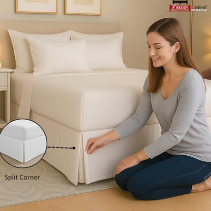eBeddy Linens Split Corner Bed Skirt Full 14 Inch Drop – 100% Microfiber, – Platform Style, White Solid, 3-Sided Pleated, Tailored Fit, Hidden Storage, Hotel Luxury, Washable
