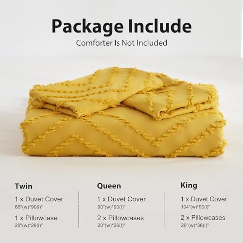 WARMDERN Boho Duvet Cover Set, Tufted Bedding Duvet Covers Soft Washed Microfiber King Size, 3 Pieces Embroidery Shabby Chic Duvet Cover with Zipper Closure(Bright Yellow, King)