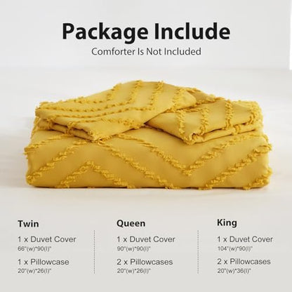 WARMDERN Boho Duvet Cover Set, Tufted Bedding Duvet Covers Soft Washed Microfiber King Size, 3 Pieces Embroidery Shabby Chic Duvet Cover with Zipper Closure(Bright Yellow, King)
