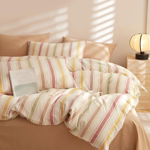 mixinni Vintage Striped Duvet Cover Set Queen, 3-Piece Washed Cotton Bedding Set - Soft, Breathable & Colorful Marble Stripe Pattern, All-Season Comforter Cover with Zipper-Queen Size
