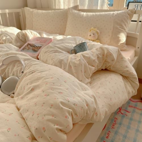 VM VOUGEMARKET Lace Duvet Cover Set Full Girls Pink Flower Bedding Set Soft Lightweight Washed Microfiber Romantic Princess Duvet Cover with Zipper Ties-80"x90"