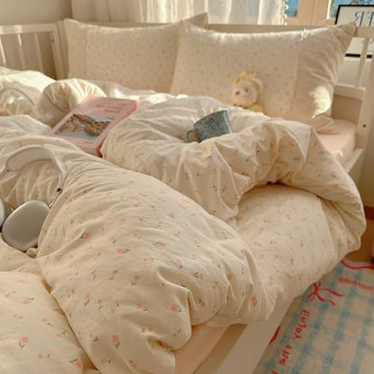 VM VOUGEMARKET Lace Duvet Cover Set Full Girls Pink Flower Bedding Set Soft Lightweight Washed Microfiber Romantic Princess Duvet Cover with Zipper Ties-80"x90"