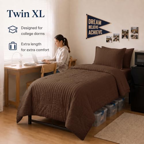 CozyLux Twin XL Comforter Set, 5 Pieces Brown Seersucker Bed in a Bag
