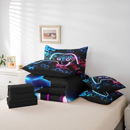 Erosebridal 3D Gamer Comforter Sets with Sheets - Cool Gaming Bedding Set King for Boys Girls Colorful Neon Lights 7Pcs Bed in A Bag, Hexagon Honeycomb Bed Set