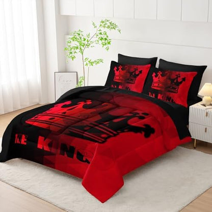 7Pcs Crown Comforter Set Black Red Gradient Art Printed Bedding Set with 1 Comforter, 1 Flat Sheet, 1 Fitted Sheet and 4 Pillowcases for Boys and Girls Bedroom All Season(Crown Twin