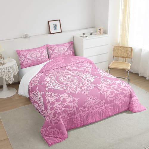 Feelyou Pink Gothic Damask Floral Comforter Set Full Size Bedding Set