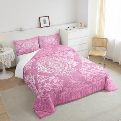 Feelyou Pink Gothic Damask Floral Comforter Set King Size Bedding Set