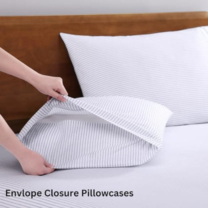 LANE LINEN Full Size Bed Sheets 100% Organic Cotton Soft - Ticking Stripe