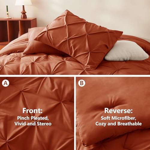 HIMEET Full Size Comforter Set Burnt Orange - 7 Pieces Pintuck Bed in a Bag