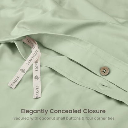 BIOWEAVES 100% Organic Cotton Full/Queen Duvet Cover Set, 3-Piece, 300 Thread Count Sateen Weave GOTS Certified Comforter Cover with Buttoned Closure and 2 Pillow Shams – Pastel Green, 90x90 inches