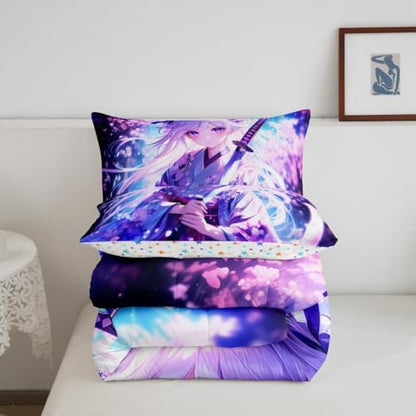 Erosebridal Anime Girl Full Comforter Set for Kids, Kawaii Japanese Anime Bedding Set Cartoon Girl Duvet Insert Sci Fi Style Japanese Animation Quilt for Kids Girls Teens Adult Bedroom