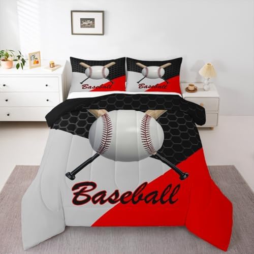 Castle Fairy Teens 3D Baseball Comforter Set Full Size,Ball Sports Game Lovers Bedding Set for Kids Boys Adult Bedroom Decoration,Geometric Bed Duvet Insert,Black Gray Red Comforter with 2 Pillowcase