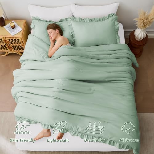 FUANNA Full Size Comforter Sets, Sage Green Bedding Set, 3 Pieces Bed Set