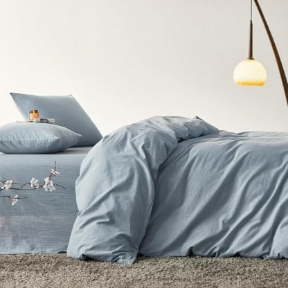 Wake In Cloud - Cotton Duvet Cover Set, 100% Washed Cotton, Linen Like Textured, Breathable Durable Comfy Farmhouse Neutral Bedding Set, 3 Pieces, Light Denim Blue, King Size
