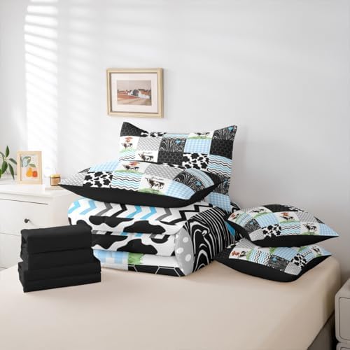 Erosebridal Highland Cow Queen Bedding Set 7 Piece Cartoon Farm Animals Bed in A Bag with Sheets Cute Kawaii Comforter Set,Honeycomb Plaid Pattern Geometric Stripes Bed Sets