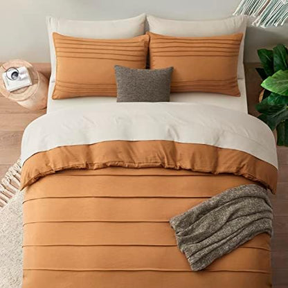 Oli Anderson 3PCS Pleated Duvet Cover Set, Pumpkin Brown, Queen