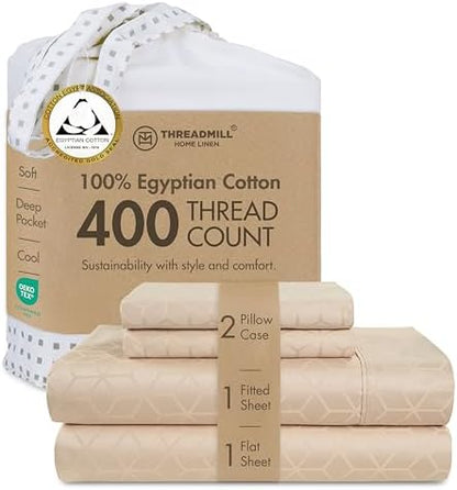 Threadmill Egyptian Cotton Sheets for King Size Bed | 100% Certified Egyptian Cotton King Bed Sheets Set | Snug Fit Elastic Deep Pocket King Sheets Soft, Breathable Damask Jacquard | Beige