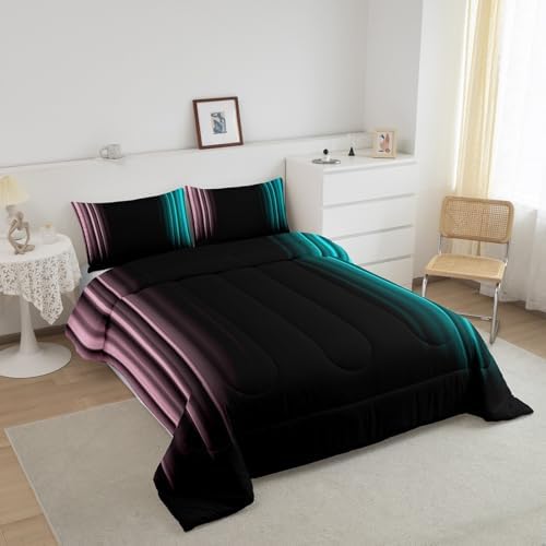 Feelyou Teens Abstract Ombre Decorations Bedding Set for Kids Women Pink Teal and Black Comforter Set Geometric Modern Quilt Set Room 2Pcs Twin Size