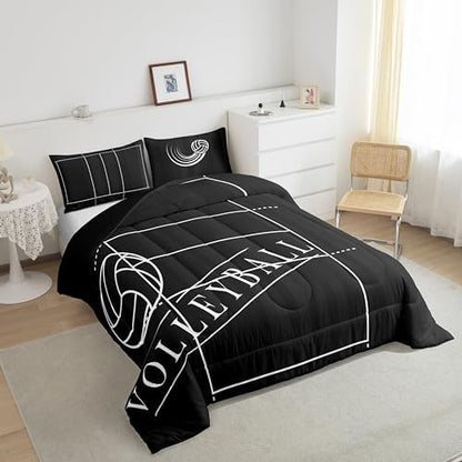 Erosebridal Volleyball Print Comforter King for Kids Boys Ball Game Bedding Set, Sport Themed Down Comforter Volleyball Court Bed Set, Black and White Quilted Duvet Reversible 3pcs