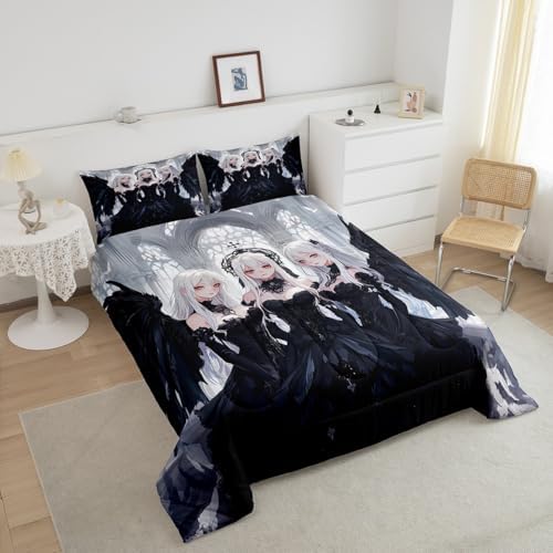 Erosebridal Japanese Anime King Size Comforter Set, Anime Girl Bedding Set Kawaii Japanese Style Quilt Cartoon Japan Animation Duvet Insert for Boys Teens Adult Women Bedroom Decor, Black