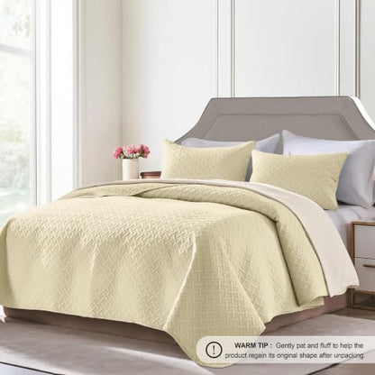FLYMME Oversized King/California King Quilt Set 118"x106", Butter Yellow 3-Piece Floor-Length Bedspread, Premium Microfiber Lightweight Coverlet for King/California King Bed (1 Quilt, 2 Shams)