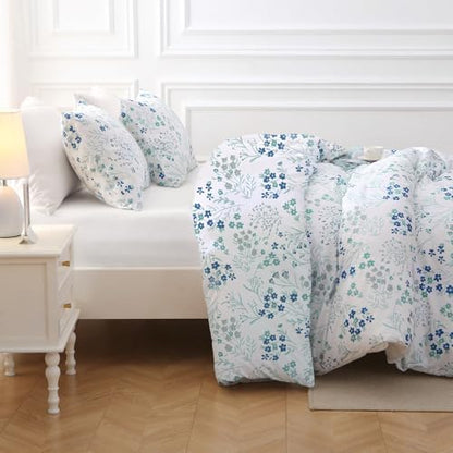 MUXHOMO Blue Flower Full Comforter Set, Elegant Floral Print Bed in a Bag 7 Pieces, Ultra Soft & Breathable Reversible Botanical Pattern Bedding Set with Comforter, Sheets, Pillowcases, and Shams