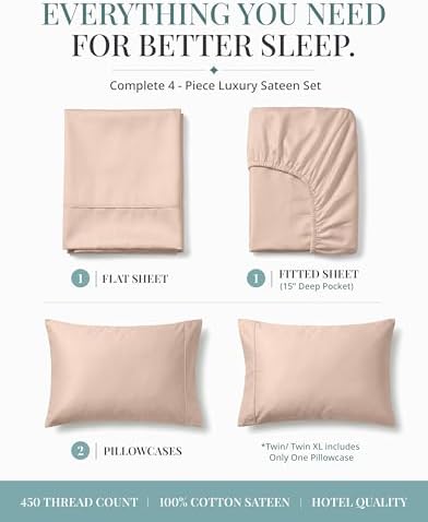 450TC 100% Cotton Twin Bed Sheets - Silky Smooth Sateen Weave, Sepia Rose