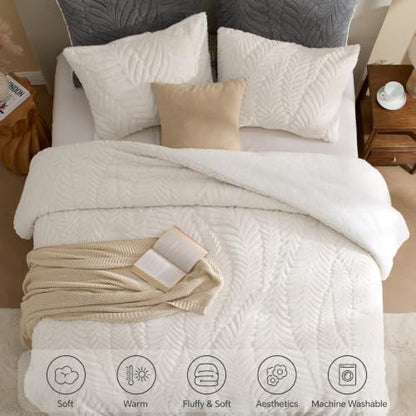 BEDELITE Fluffy Sherpa Queen Comforter Set,Leaf-Cream