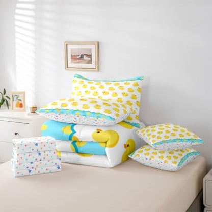 Erosebridal Blue and Yellow Duck Twin Bedding Set 7 Piece Lovely Duck Lovers Bed in A Bag with Sheets Cartoon Rustic Country Comforter Set for Kids Adults,Wild Duck Animals Bed Sets