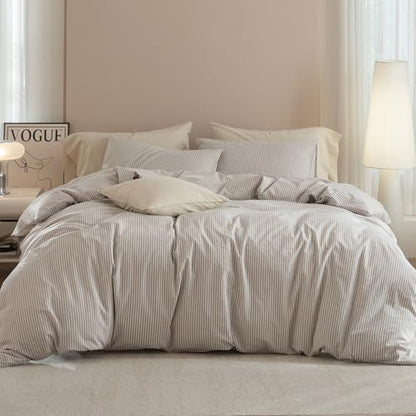 JIYUAN Oversized King Washed Cotton Duvet Cover Set, Linen-Like Pinstripe