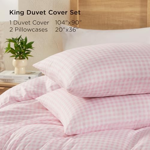 Andency Pink Gingham Duvet Cover King, Blush Checkered Plaid Bedding Set