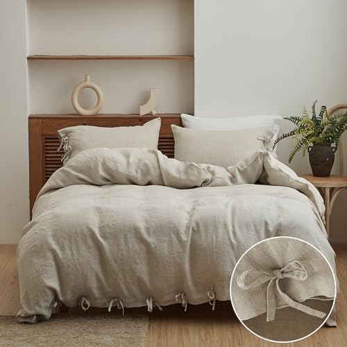 Simple&Opulence 100% Linen Duvet Cover Set 3pcs with Bowknot Ties Closure Natural French Washed Flax Solid Color Soft Breathable Farmhouse Bedding - Linen, King Size