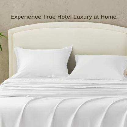 Andency Sateen Sheets Set, 100% Viscose Derived from Bamboo, Hotel Luxury Silky & Cooling for Hot Sleepers, Deep Pocket Up to 16", White King