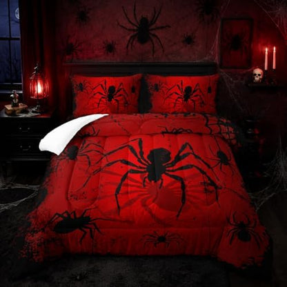 Nttopship Boys Spider Printed Comforter Set Bed in A Bag Queen Size 3PCS Red Bedding Set Cool Black Spider Comforter Set Girls Boys Kids Comforter Bedding Set with 2 Pillowcases