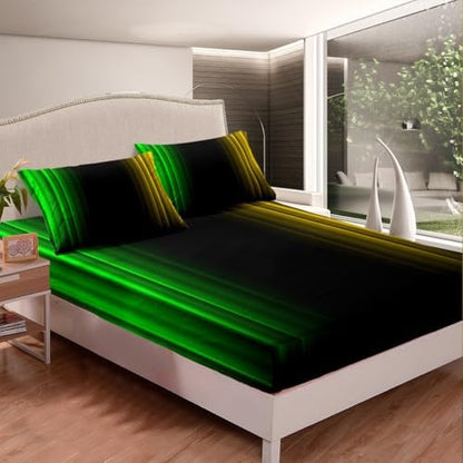Feelyou Teens Abstract Ombre Decorations Bedding Set for Kids Women Green Yellow and Black Bed Sheets Set Geometric Modern Fitted Sheet Sets Room 4Pcs Full Size