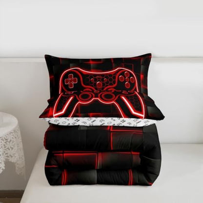 Feelyou Kids Gamer Comforter Set King Size Red and Black Bedding Set for Boys Teens Decor Gaming Ombre Comforter Square Duvet Set 3Pcs