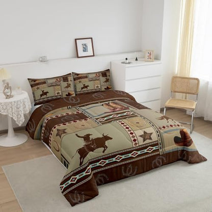 Manfei Western Comforter Set King Size, Cowboy Bedding Set 3pcs for Kids Boys Teens Bedroom Decor, West Horseshoe Boots Hats Wheels Quilt Set Rustic Farmhouse Duvet Set with 2 Pillowcases