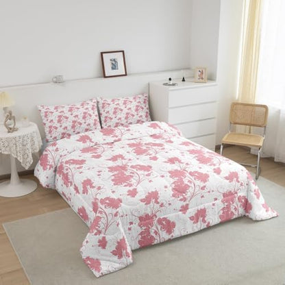 jejeloiu Pink Flower Comforter Set Queen Size Kids Floral Bedding Set for Boys Girls Teens Botanical Duvet Breathable Minimalist Aesthetics Quilt Bedroom Decor,1 Comforter with 2 Pillowcase