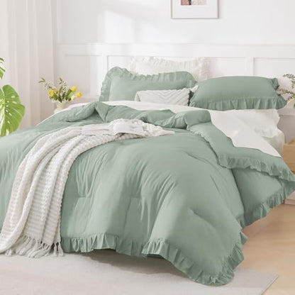 Andency Green Ruffle Comforter Twin Size, 2 Pieces Soft Bed Set
