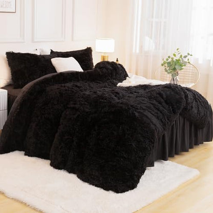 Andency Twin Comforter Set Black, Fluffy Faux Fur Warm Bedding Set
