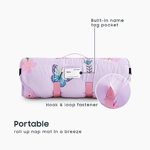Wake In Cloud - Cot Nap Mat with Pillow and Blanket, for Toddler Kids Girls in Daycare Kindergarten Preschool Pre K with Elastic Corner Straps, Cute Butterfly Flowers, Purple