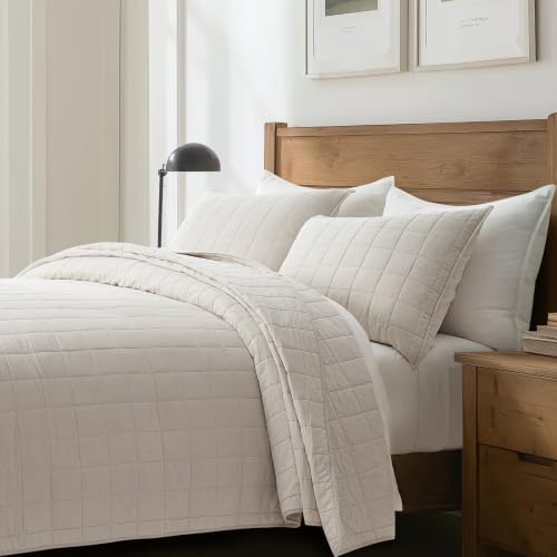 EVERGRACEHOME 100% Cotton Box Stitch Quilt Set, Oversized King, Birch