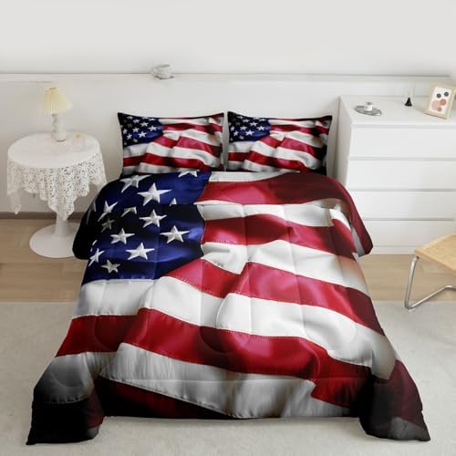 Erosebridal American Flag Comforter Set, United States Down Comforter King Size for Kids Boys Teens, USA Federations Stars Bedding Set Geometric Stripes Quilted Duvet for Bedroom, Blue White and Red