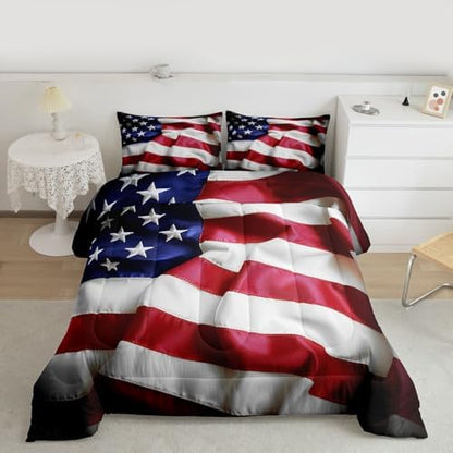 Erosebridal American Flag Comforter Set, United States Down Comforter King Size for Kids Boys Teens, USA Federations Stars Bedding Set Geometric Stripes Quilted Duvet for Bedroom, Blue White and Red