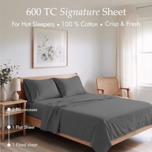 Threadmill 600TC Cotton Full Sheet Set, Sateen, Damask Stripe, Dark Grey